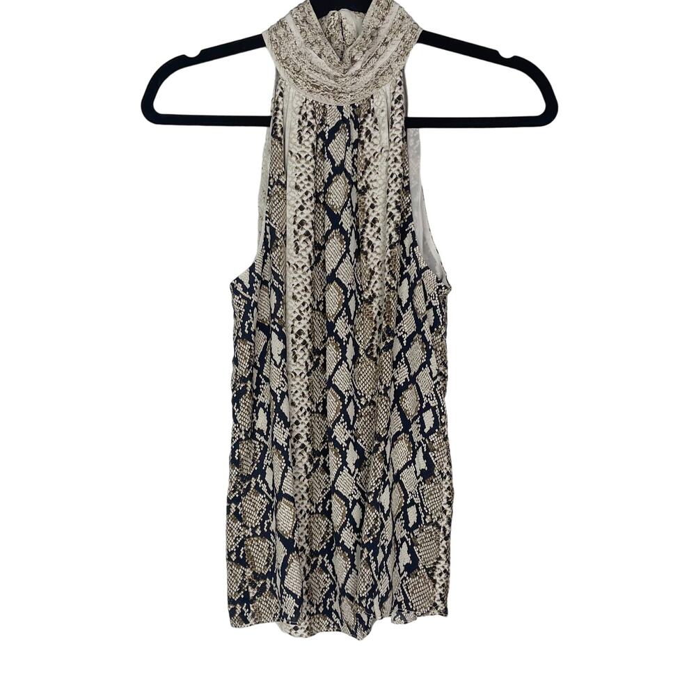 Joie XSmall Branka Snakeskin Print Sleeveless Mock Neck Blouse Porcelain Brown